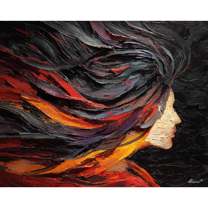 hair, palette knife, oil painting, impasto, textured surface, modern art, symbolic, expressive, visual art, creative, painterly, bold colors, contemporary, conceptual, illustrative, abstract