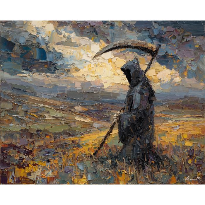 grim, reaper, palette knife, oil painting, impasto, textured surface, modern art, symbolic, expressive, visual art, creative, painterly, bold colors, contemporary, conceptual, illustrative, abstract