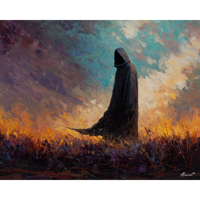 grim, reaper, palette knife, oil painting, impasto, textured surface, modern art, symbolic, expressive, visual art, creative, painterly, bold colors, contemporary, conceptual, illustrative, abstract