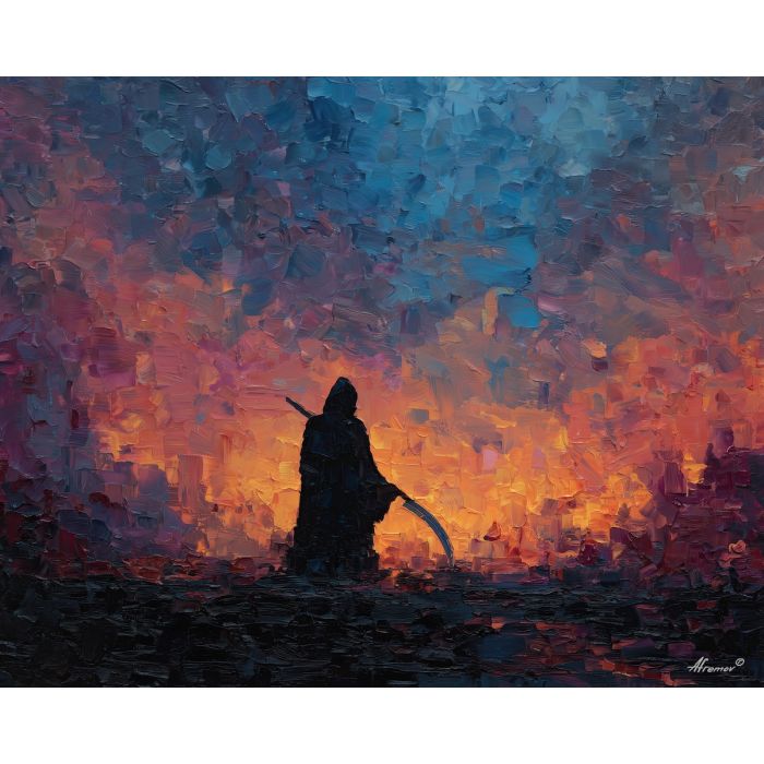 grim, reaper, palette knife, oil painting, impasto, textured surface, modern art, symbolic, expressive, visual art, creative, painterly, bold colors, contemporary, conceptual, illustrative, abstract