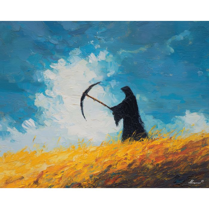 grim, reaper, palette knife, oil painting, impasto, textured surface, modern art, symbolic, expressive, visual art, creative, painterly, bold colors, contemporary, conceptual, illustrative, abstract