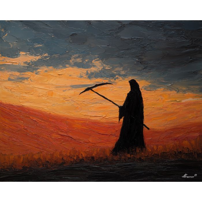 grim, reaper, palette knife, oil painting, impasto, textured surface, modern art, symbolic, expressive, visual art, creative, painterly, bold colors, contemporary, conceptual, illustrative, abstract