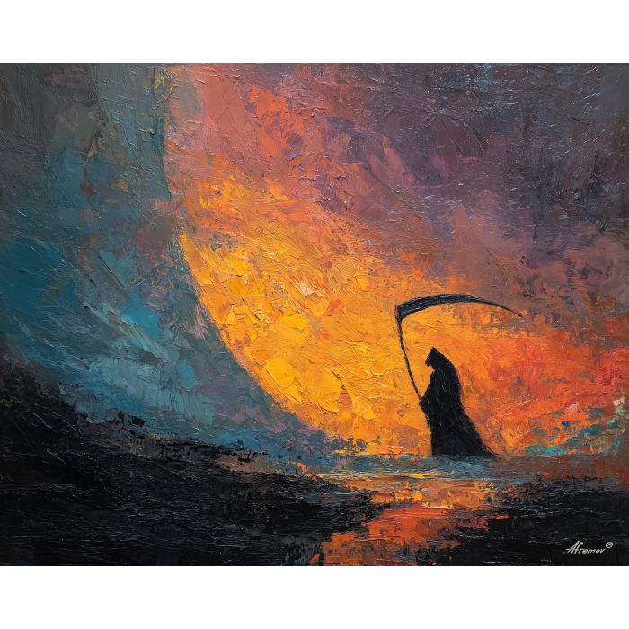 grim, reaper, palette knife, oil painting, impasto, textured surface, modern art, symbolic, expressive, visual art, creative, painterly, bold colors, contemporary, conceptual, illustrative, abstract
