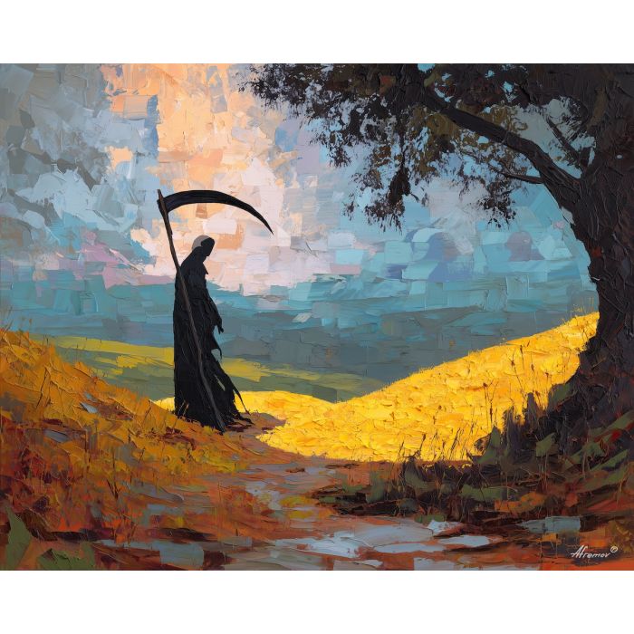 grim, reaper, palette knife, oil painting, impasto, textured surface, modern art, symbolic, expressive, visual art, creative, painterly, bold colors, contemporary, conceptual, illustrative, abstract