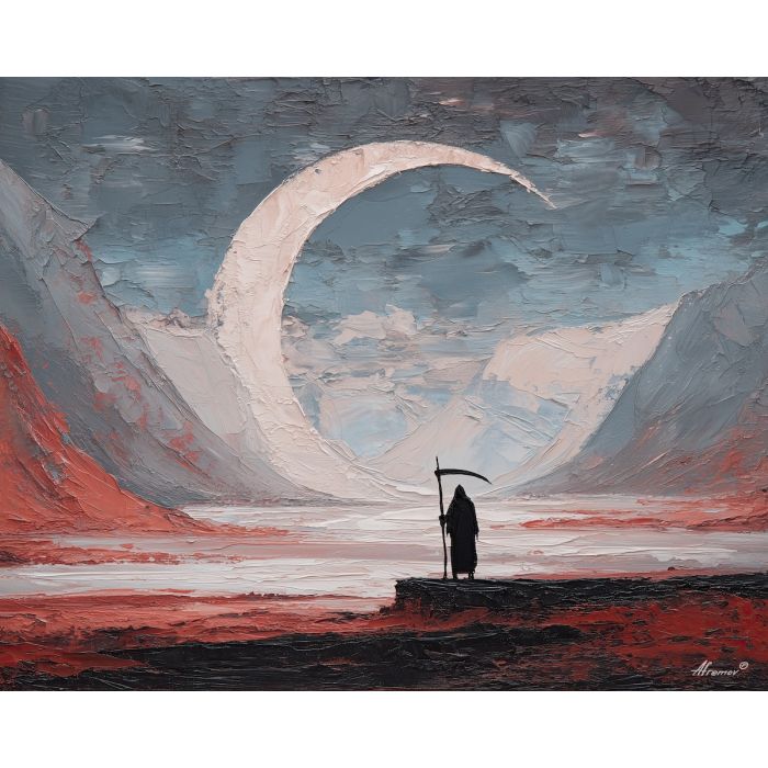 grim, reaper, palette knife, oil painting, impasto, textured surface, modern art, symbolic, expressive, visual art, creative, painterly, bold colors, contemporary, conceptual, illustrative, abstract