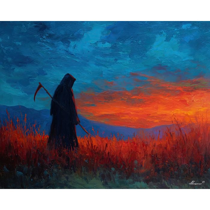 grim, reaper, palette knife, oil painting, impasto, textured surface, modern art, symbolic, expressive, visual art, creative, painterly, bold colors, contemporary, conceptual, illustrative, abstract