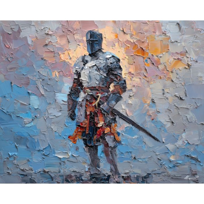 knight, palette knife, oil painting, impasto, textured surface, modern art, symbolic, expressive, visual art, creative, painterly, bold colors, contemporary, conceptual, illustrative, abstract