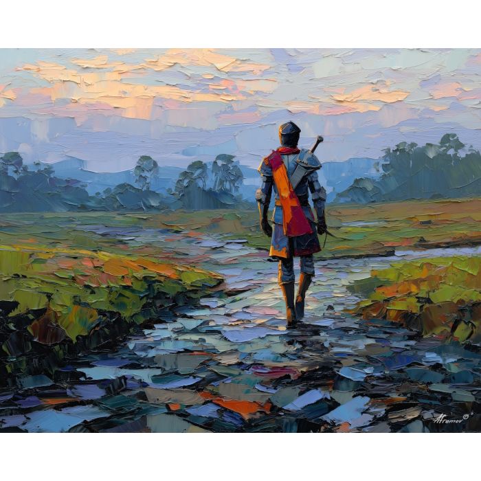 knight, palette knife, oil painting, impasto, textured surface, modern art, symbolic, expressive, visual art, creative, painterly, bold colors, contemporary, conceptual, illustrative, abstract