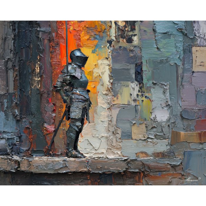 knight, palette knife, oil painting, impasto, textured surface, modern art, symbolic, expressive, visual art, creative, painterly, bold colors, contemporary, conceptual, illustrative, abstract