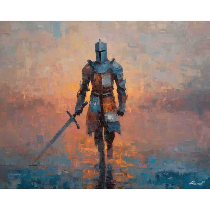 knight, palette knife, oil painting, impasto, textured surface, modern art, symbolic, expressive, visual art, creative, painterly, bold colors, contemporary, conceptual, illustrative, abstract