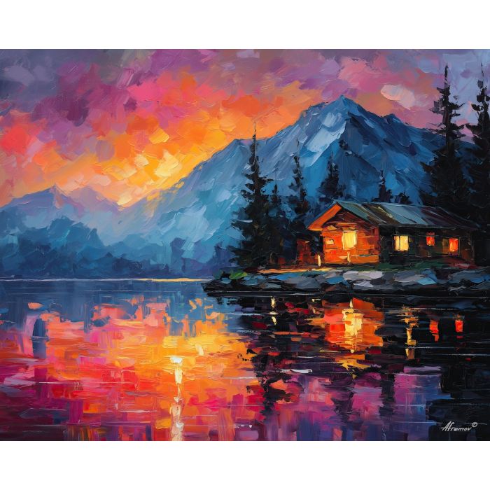 afremov style, palette knife, oil painting, impasto, red orange blue, vivid colors, cityscape, landscape, seascape, colorful background, soft lights, reflections, romantic scene, glowing sky, textured strokes, evening light, expressive painting, bold color contrast, rain reflections, atmospheric art