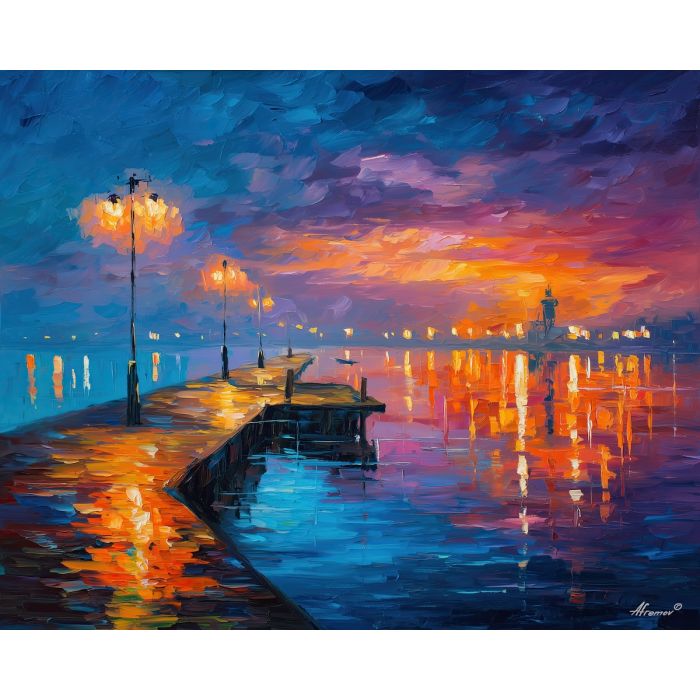 afremov style, palette knife, oil painting, impasto, red orange blue, vivid colors, cityscape, landscape, seascape, colorful background, soft lights, reflections, romantic scene, glowing sky, textured strokes, evening light, expressive painting, bold color contrast, rain reflections, atmospheric art