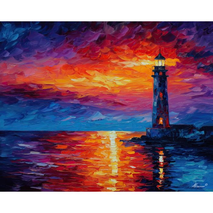 afremov style, palette knife, oil painting, impasto, red orange blue, vivid colors, cityscape, landscape, seascape, colorful background, soft lights, reflections, romantic scene, glowing sky, textured strokes, evening light, expressive painting, bold color contrast, rain reflections, atmospheric art