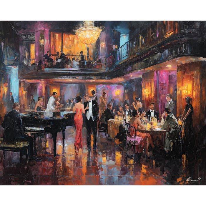 1920s, palette knife, oil painting, impasto, textured strokes, vivid colors, expressive art, modern painting, bold composition, dramatic light, color contrast, atmospheric, visual storytelling, contemporary art, creative, illustrative