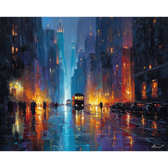 1920s, palette knife, oil painting, impasto, textured strokes, vivid colors, expressive art, modern painting, bold composition, dramatic light, color contrast, atmospheric, visual storytelling, contemporary art, creative, illustrative