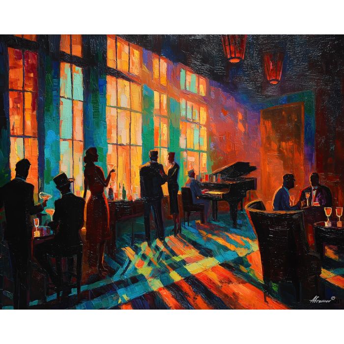 1920s, palette knife, oil painting, impasto, textured strokes, vivid colors, expressive art, modern painting, bold composition, dramatic light, color contrast, atmospheric, visual storytelling, contemporary art, creative, illustrative