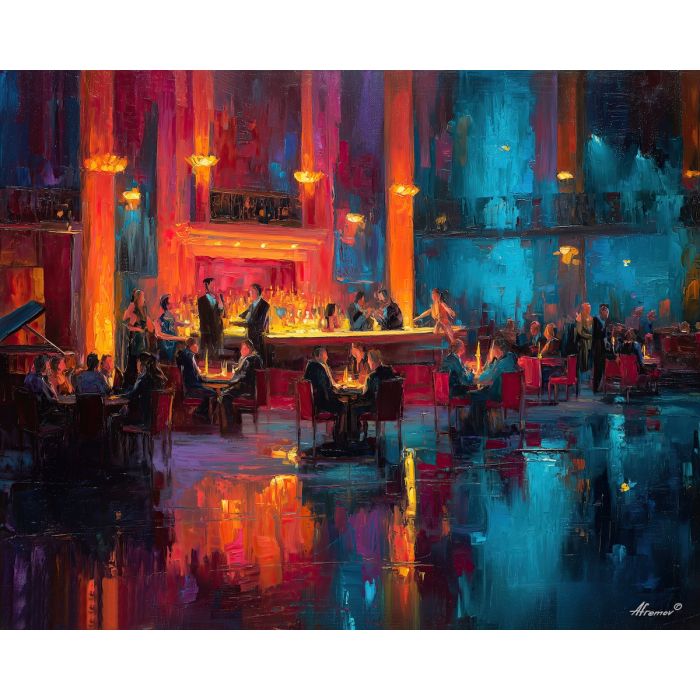 1920s, palette knife, oil painting, impasto, textured strokes, vivid colors, expressive art, modern painting, bold composition, dramatic light, color contrast, atmospheric, visual storytelling, contemporary art, creative, illustrative