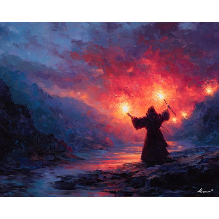 wizard, palette knife, oil painting, impasto, textured strokes, vivid colors, expressive art, modern painting, bold composition, dramatic light, color contrast, atmospheric, visual storytelling, contemporary art, creative, illustrative