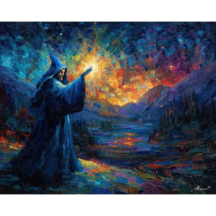 wizard, palette knife, oil painting, impasto, textured strokes, vivid colors, expressive art, modern painting, bold composition, dramatic light, color contrast, atmospheric, visual storytelling, contemporary art, creative, illustrative