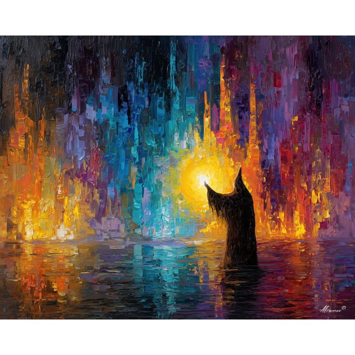 wizard, palette knife, oil painting, impasto, textured strokes, vivid colors, expressive art, modern painting, bold composition, dramatic light, color contrast, atmospheric, visual storytelling, contemporary art, creative, illustrative