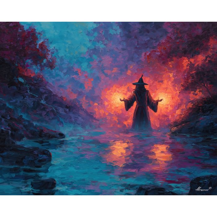 wizard, palette knife, oil painting, impasto, textured strokes, vivid colors, expressive art, modern painting, bold composition, dramatic light, color contrast, atmospheric, visual storytelling, contemporary art, creative, illustrative
