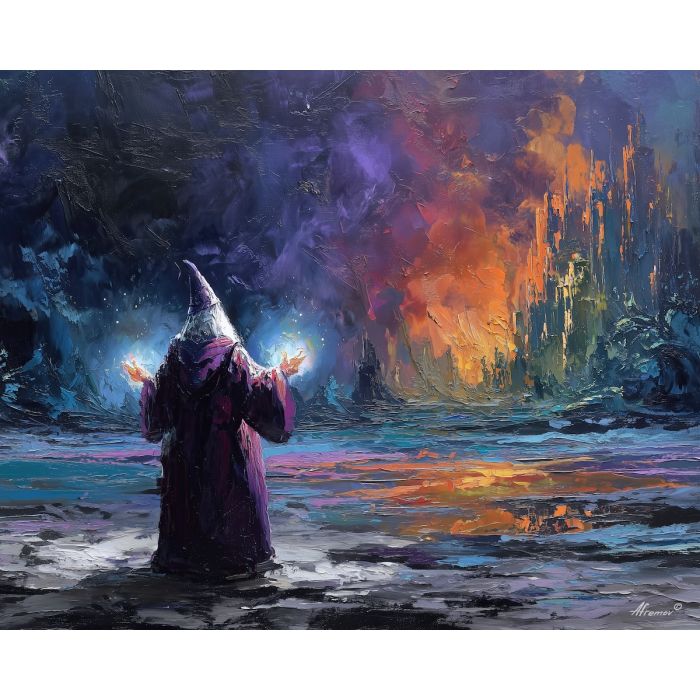 wizard, palette knife, oil painting, impasto, textured strokes, vivid colors, expressive art, modern painting, bold composition, dramatic light, color contrast, atmospheric, visual storytelling, contemporary art, creative, illustrative