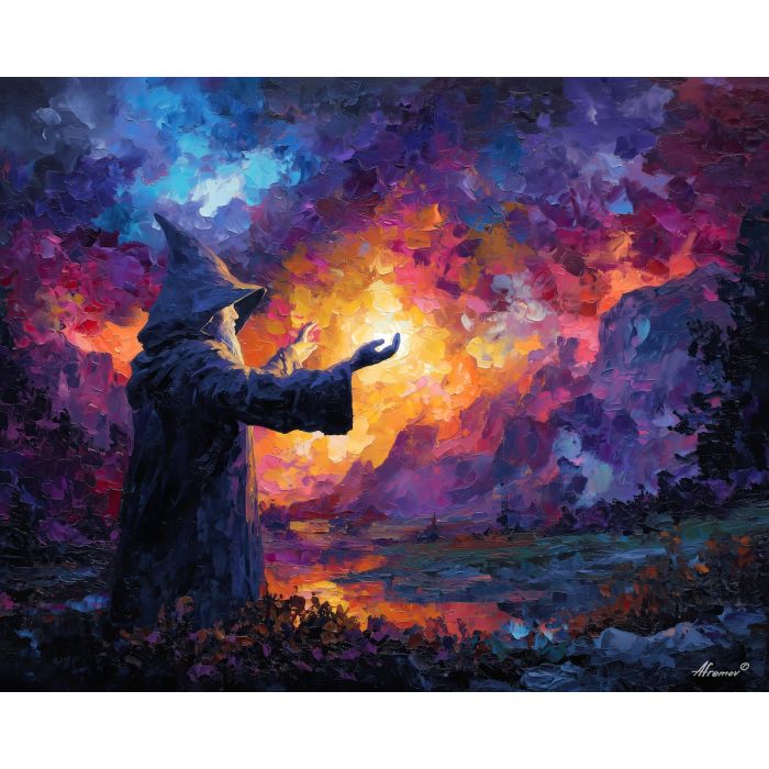 wizard, palette knife, oil painting, impasto, textured strokes, vivid colors, expressive art, modern painting, bold composition, dramatic light, color contrast, atmospheric, visual storytelling, contemporary art, creative, illustrative
