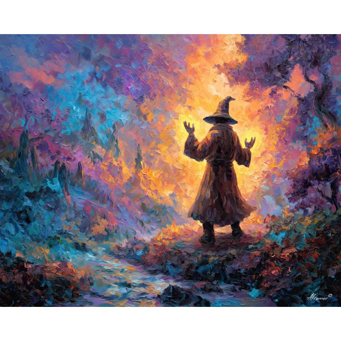 wizard, palette knife, oil painting, impasto, textured strokes, vivid colors, expressive art, modern painting, bold composition, dramatic light, color contrast, atmospheric, visual storytelling, contemporary art, creative, illustrative