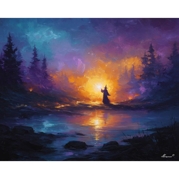 wizard, palette knife, oil painting, impasto, textured strokes, vivid colors, expressive art, modern painting, bold composition, dramatic light, color contrast, atmospheric, visual storytelling, contemporary art, creative, illustrative
