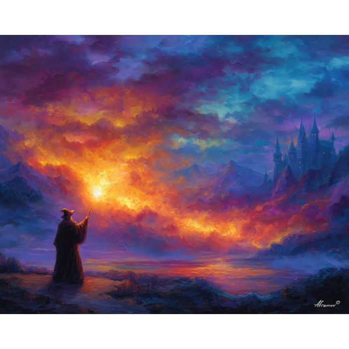 wizard, palette knife, oil painting, impasto, textured strokes, vivid colors, expressive art, modern painting, bold composition, dramatic light, color contrast, atmospheric, visual storytelling, contemporary art, creative, illustrative
