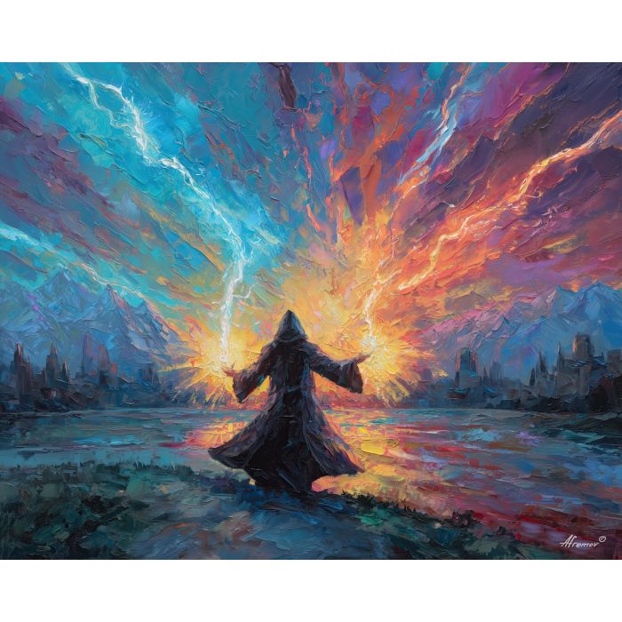 wizard, palette knife, oil painting, impasto, textured strokes, vivid colors, expressive art, modern painting, bold composition, dramatic light, color contrast, atmospheric, visual storytelling, contemporary art, creative, illustrative