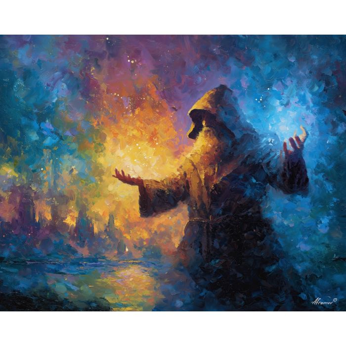 wizard, palette knife, oil painting, impasto, textured strokes, vivid colors, expressive art, modern painting, bold composition, dramatic light, color contrast, atmospheric, visual storytelling, contemporary art, creative, illustrative