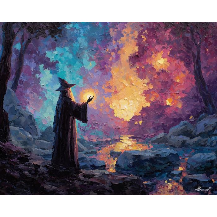 wizard, palette knife, oil painting, impasto, textured strokes, vivid colors, expressive art, modern painting, bold composition, dramatic light, color contrast, atmospheric, visual storytelling, contemporary art, creative, illustrative
