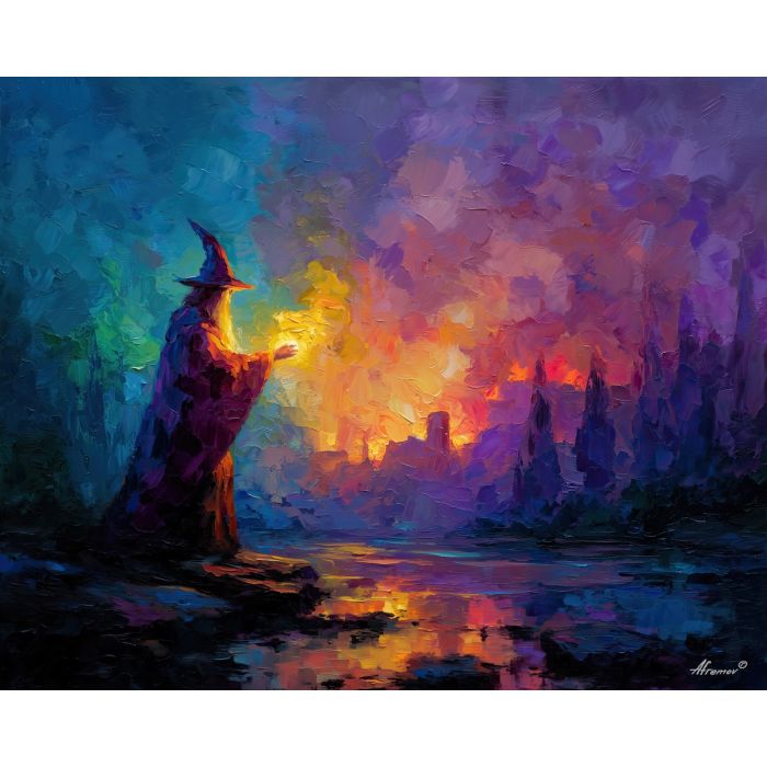 wizard, palette knife, oil painting, impasto, textured strokes, vivid colors, expressive art, modern painting, bold composition, dramatic light, color contrast, atmospheric, visual storytelling, contemporary art, creative, illustrative