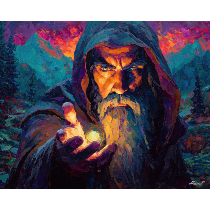 wizard, palette knife, oil painting, impasto, textured strokes, vivid colors, expressive art, modern painting, bold composition, dramatic light, color contrast, atmospheric, visual storytelling, contemporary art, creative, illustrative