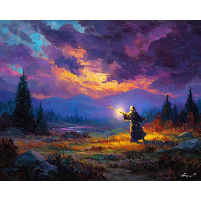 wizard, palette knife, oil painting, impasto, textured strokes, vivid colors, expressive art, modern painting, bold composition, dramatic light, color contrast, atmospheric, visual storytelling, contemporary art, creative, illustrative