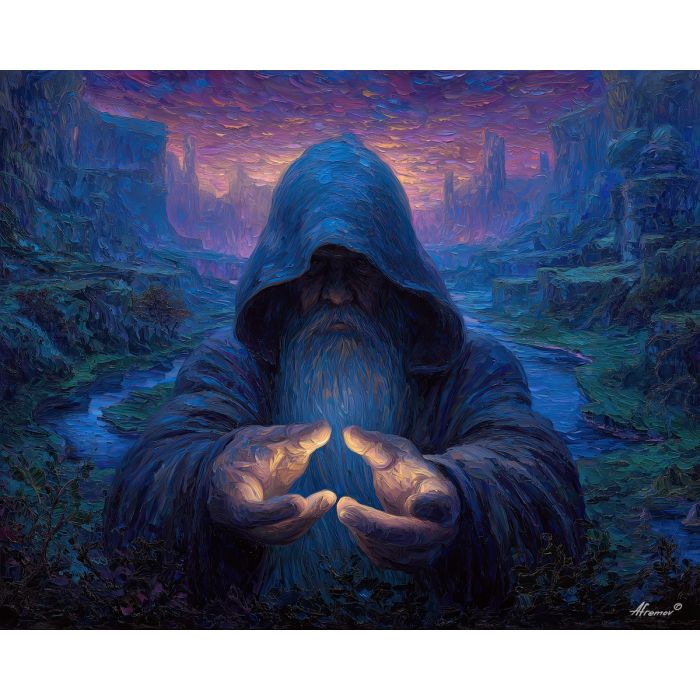 wizard, palette knife, oil painting, impasto, textured strokes, vivid colors, expressive art, modern painting, bold composition, dramatic light, color contrast, atmospheric, visual storytelling, contemporary art, creative, illustrative