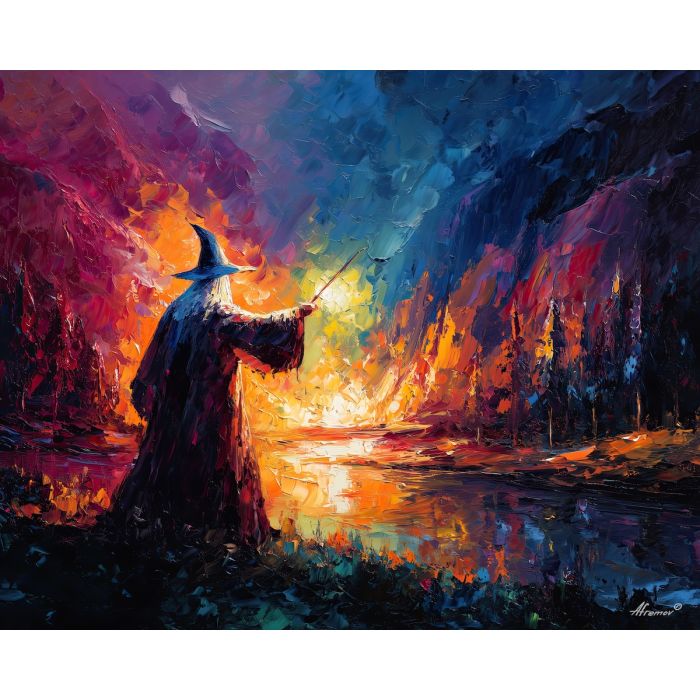 wizard, palette knife, oil painting, impasto, textured strokes, vivid colors, expressive art, modern painting, bold composition, dramatic light, color contrast, atmospheric, visual storytelling, contemporary art, creative, illustrative