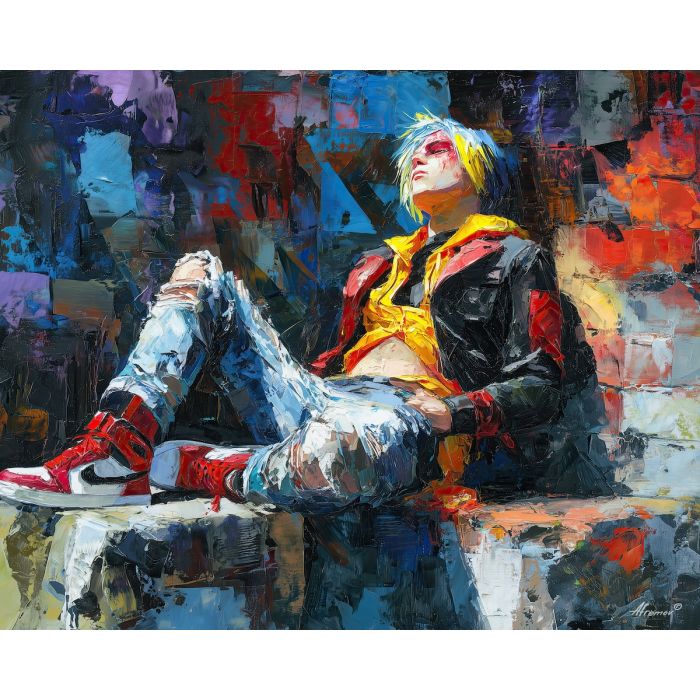 punk, palette knife, oil painting, impasto, textured strokes, vivid colors, expressive art, modern painting, bold composition, dramatic light, color contrast, atmospheric, visual storytelling, contemporary art, creative, illustrative