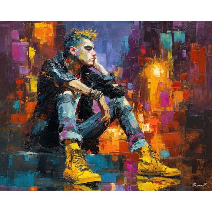 punk, palette knife, oil painting, impasto, textured strokes, vivid colors, expressive art, modern painting, bold composition, dramatic light, color contrast, atmospheric, visual storytelling, contemporary art, creative, illustrative