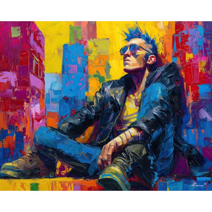 punk, palette knife, oil painting, impasto, textured strokes, vivid colors, expressive art, modern painting, bold composition, dramatic light, color contrast, atmospheric, visual storytelling, contemporary art, creative, illustrative