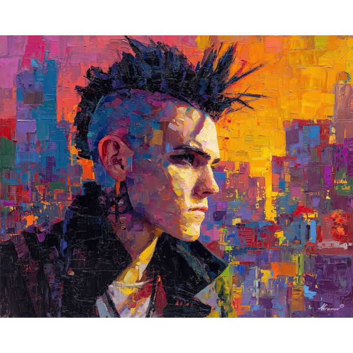 punk, palette knife, oil painting, impasto, textured strokes, vivid colors, expressive art, modern painting, bold composition, dramatic light, color contrast, atmospheric, visual storytelling, contemporary art, creative, illustrative