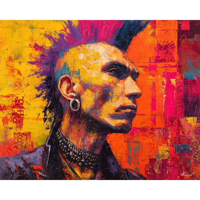 punk, palette knife, oil painting, impasto, textured strokes, vivid colors, expressive art, modern painting, bold composition, dramatic light, color contrast, atmospheric, visual storytelling, contemporary art, creative, illustrative