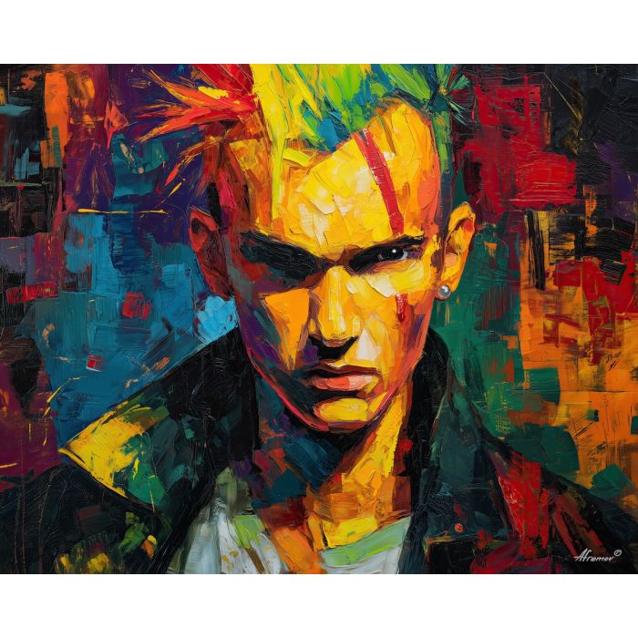 punk, palette knife, oil painting, impasto, textured strokes, vivid colors, expressive art, modern painting, bold composition, dramatic light, color contrast, atmospheric, visual storytelling, contemporary art, creative, illustrative