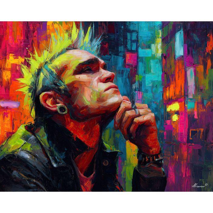 punk, palette knife, oil painting, impasto, textured strokes, vivid colors, expressive art, modern painting, bold composition, dramatic light, color contrast, atmospheric, visual storytelling, contemporary art, creative, illustrative