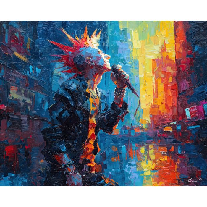 punk, palette knife, oil painting, impasto, textured strokes, vivid colors, expressive art, modern painting, bold composition, dramatic light, color contrast, atmospheric, visual storytelling, contemporary art, creative, illustrative