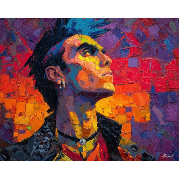 punk, palette knife, oil painting, impasto, textured strokes, vivid colors, expressive art, modern painting, bold composition, dramatic light, color contrast, atmospheric, visual storytelling, contemporary art, creative, illustrative