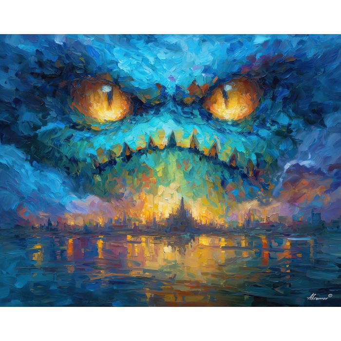 monster, palette knife, oil painting, impasto, textured strokes, vivid colors, expressive art, modern painting, bold composition, dramatic light, color contrast, atmospheric, visual storytelling, contemporary art, creative, illustrative