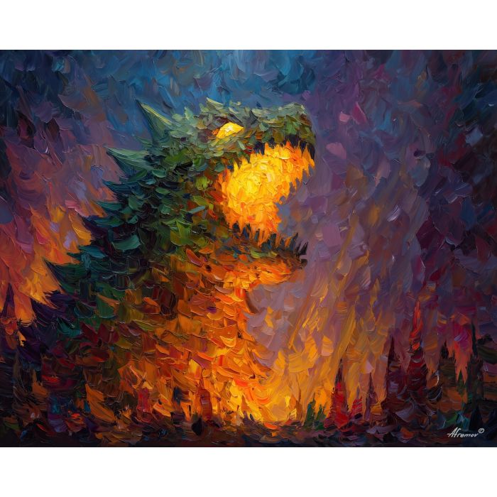 monster, palette knife, oil painting, impasto, textured strokes, vivid colors, expressive art, modern painting, bold composition, dramatic light, color contrast, atmospheric, visual storytelling, contemporary art, creative, illustrative