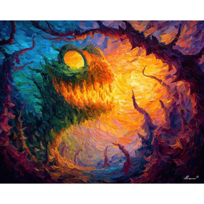 monster, palette knife, oil painting, impasto, textured strokes, vivid colors, expressive art, modern painting, bold composition, dramatic light, color contrast, atmospheric, visual storytelling, contemporary art, creative, illustrative